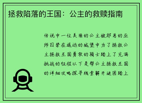 拯救陷落的王国：公主的救赎指南